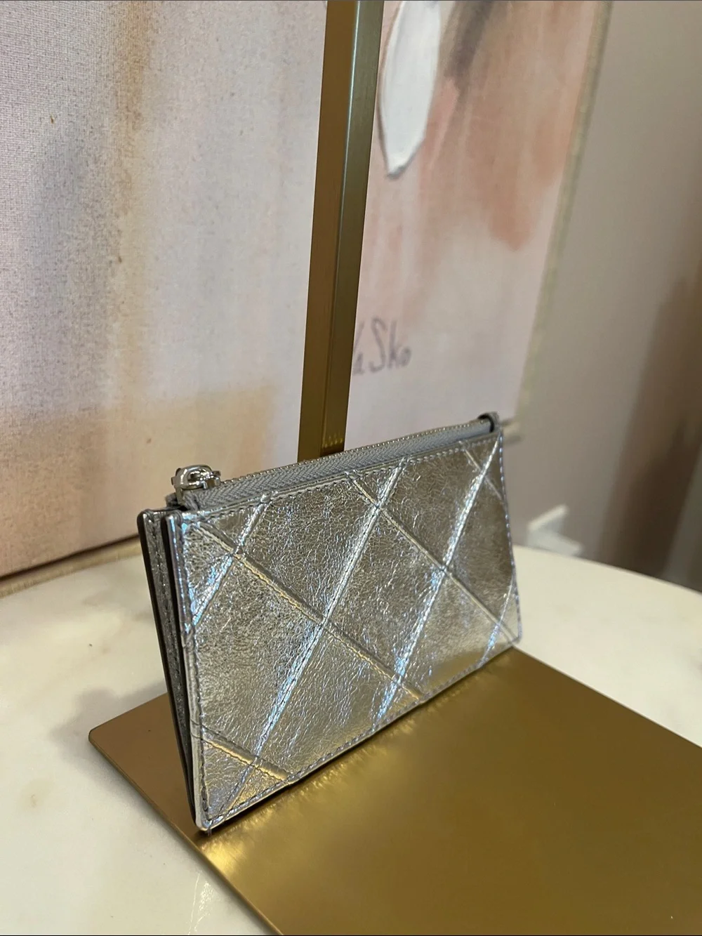 NWT Tory Burch Kira Metallic Silver Quilted Leather Card Holder Wallet